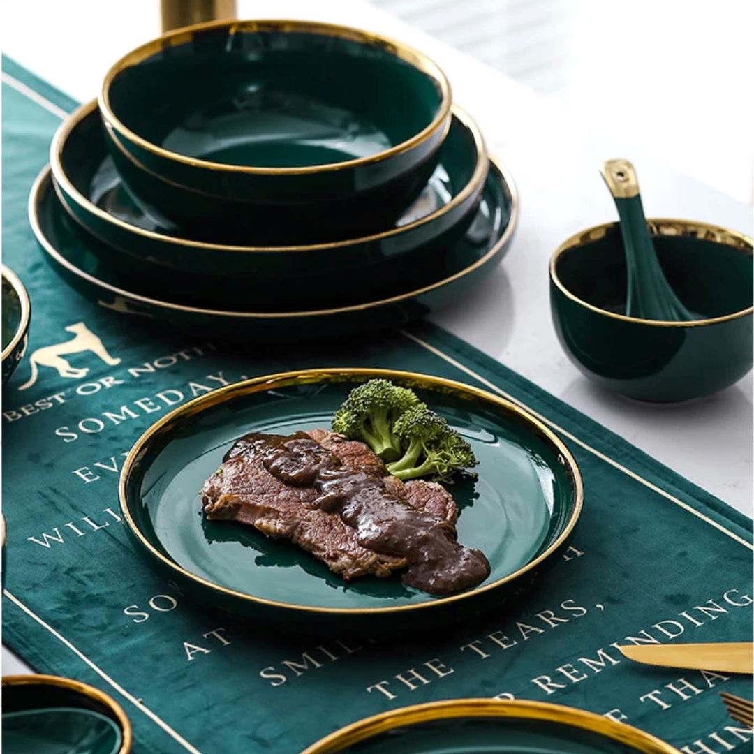 Conjunto de Jantar Cerâmico Verde e Dourado - Design Exclusivo e Elegante Linha Premium002 Cozinha com Estilo 