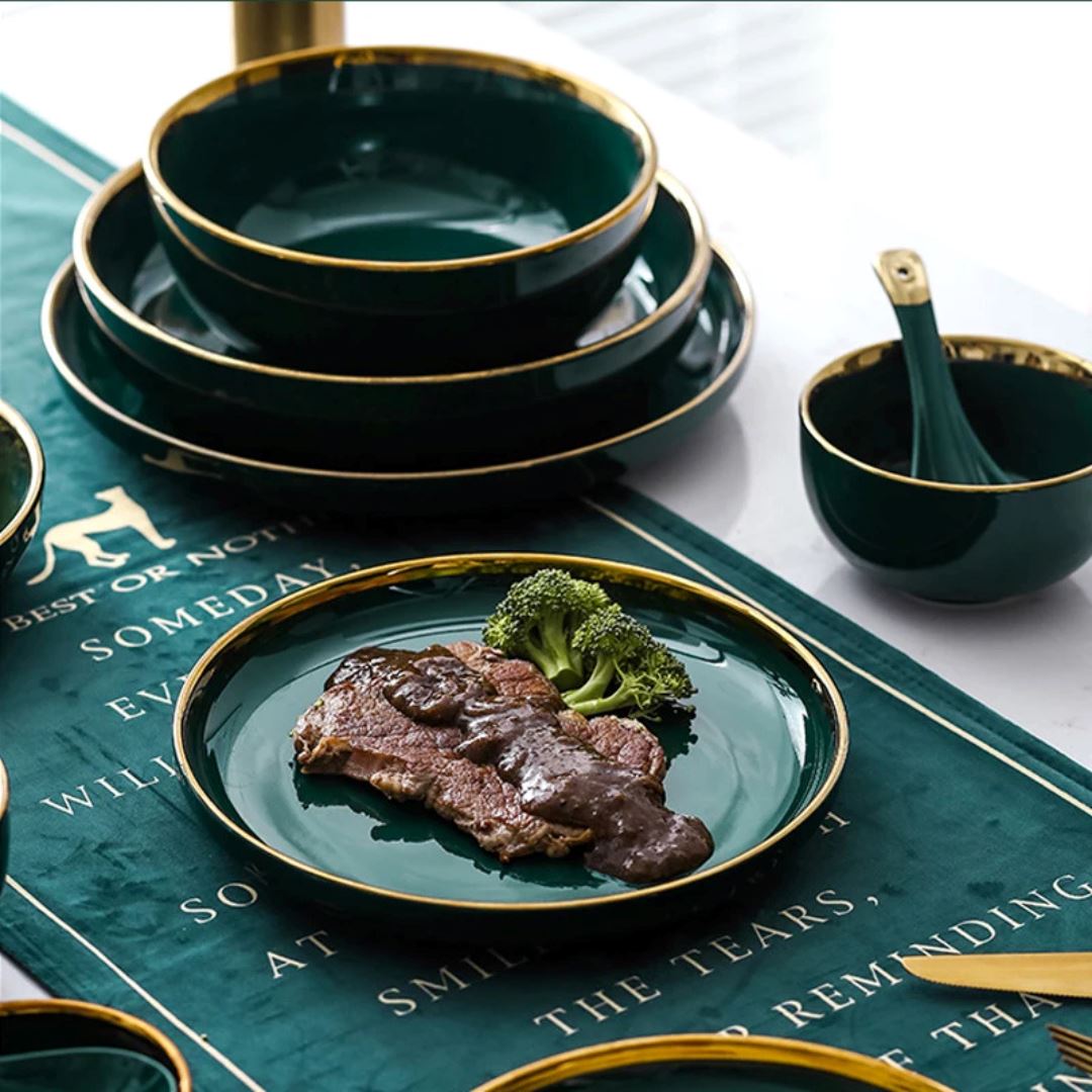 Conjunto de Jantar Cerâmico Verde e Dourado - Design Exclusivo e Elegante Linha Premium002 Cozinha com Estilo 