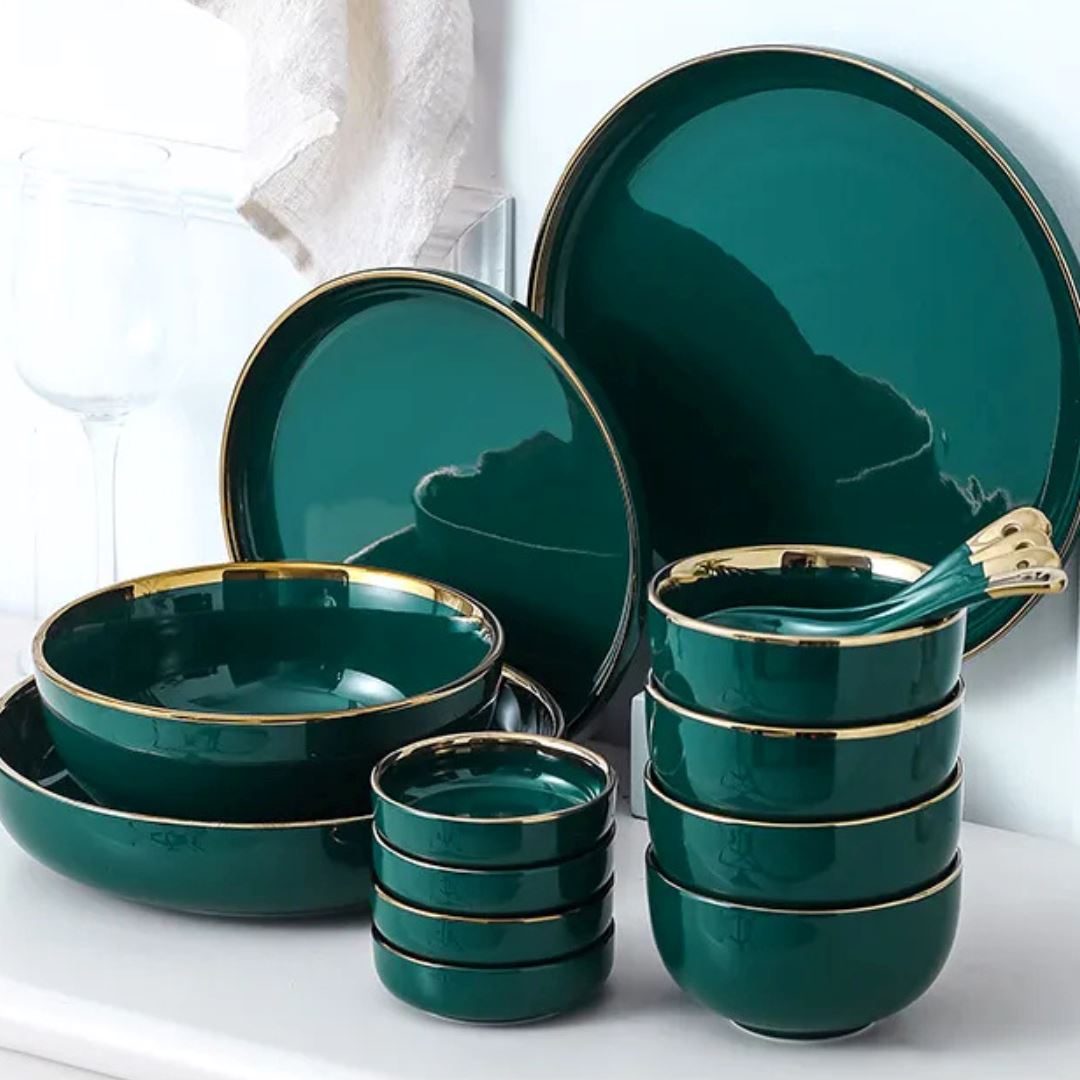 Conjunto de Jantar Cerâmico Verde e Dourado - Design Exclusivo e Elegante Linha Premium002 Cozinha com Estilo 