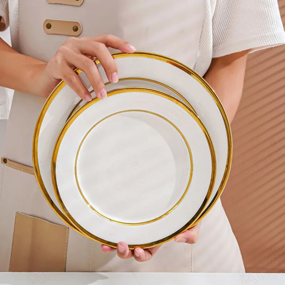 Conjunto de Pratos de Cerâmica Luxo com Detalhes Dourado - Elegância para sua Sala de Jantar Linha Premium035 Cozinha com Estilo 