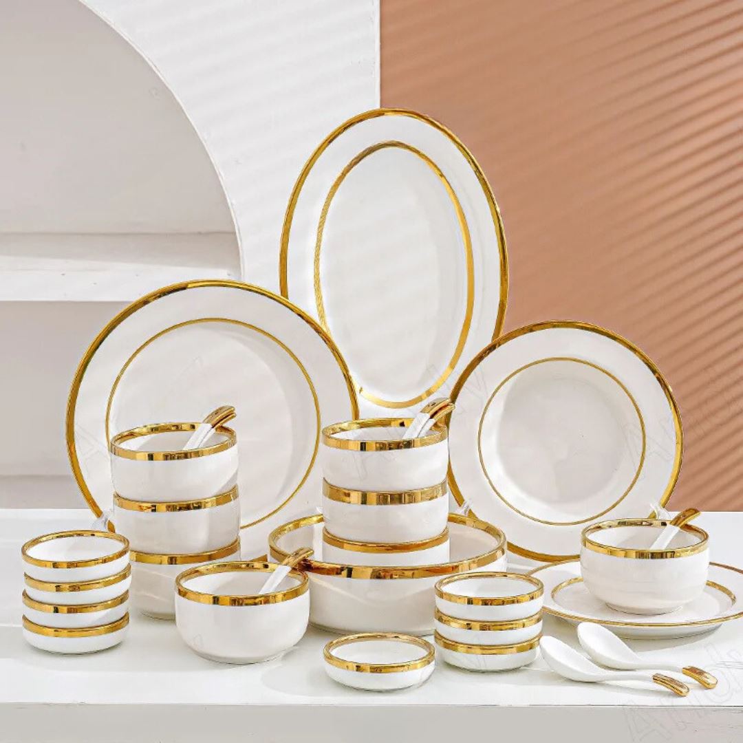 Conjunto de Pratos de Cerâmica Luxo com Detalhes Dourado - Elegância para sua Sala de Jantar Linha Premium035 Cozinha com Estilo 