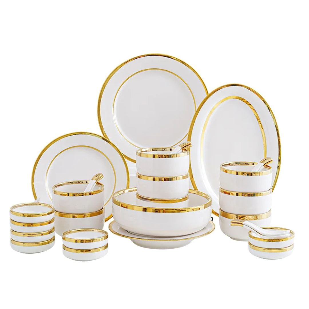 Conjunto de Pratos de Cerâmica Luxo com Detalhes Dourado - Elegância para sua Sala de Jantar Linha Premium035 Cozinha com Estilo 