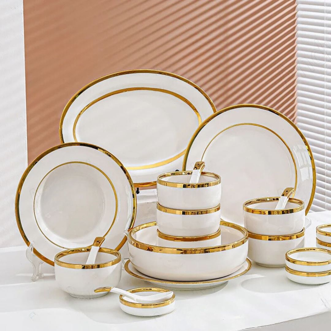 Conjunto de Pratos de Cerâmica Luxo com Detalhes Dourado - Elegância para sua Sala de Jantar Linha Premium035 Cozinha com Estilo 