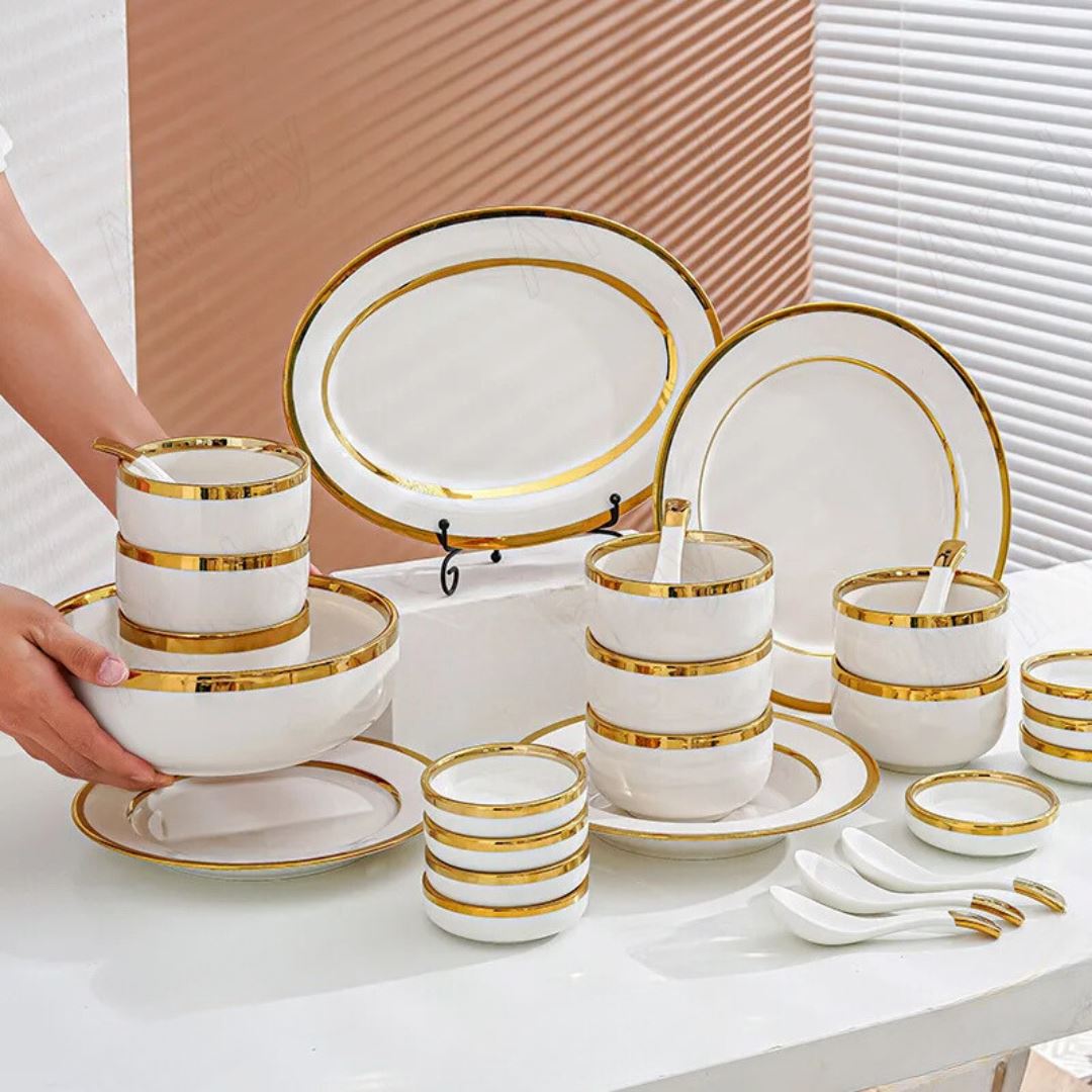 Conjunto de Pratos de Cerâmica Luxo com Detalhes Dourado - Elegância para sua Sala de Jantar Linha Premium035 Cozinha com Estilo 