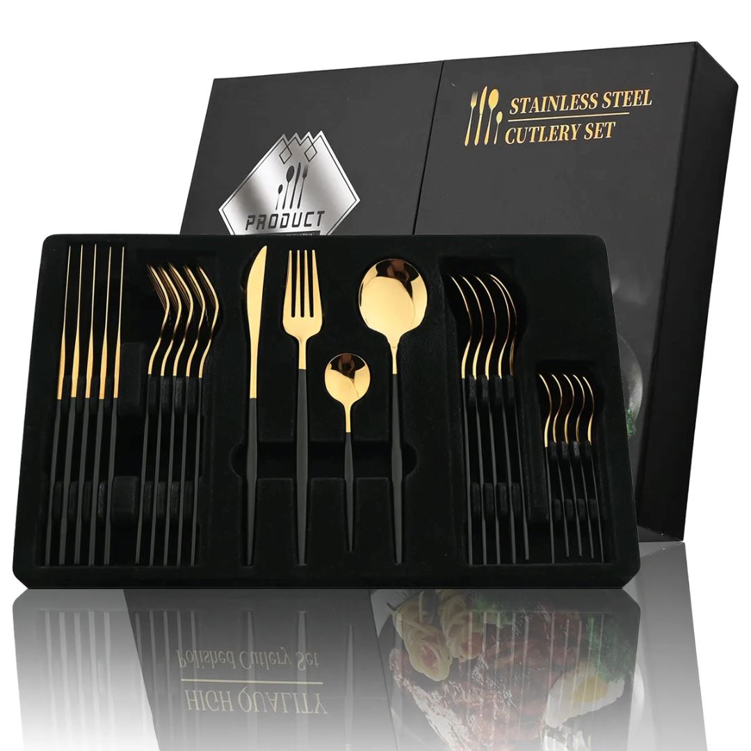 Conjunto de Talheres de Aço Inoxidável Dourado - 24 Peças Mesa Posta007 Cozinha com Estilo 