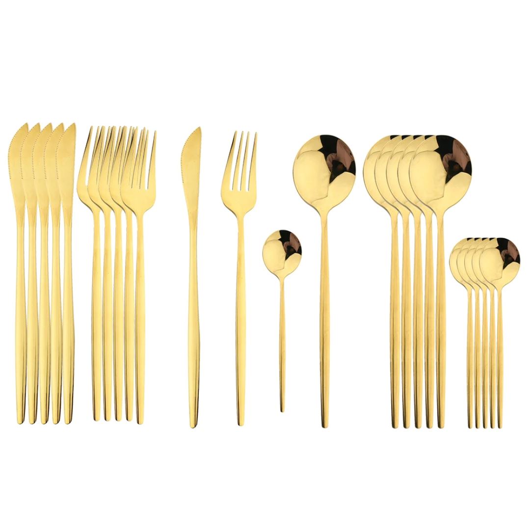 Conjunto de Talheres de Aço Inoxidável Dourado - 24 Peças Mesa Posta007 Cozinha com Estilo Dourado 