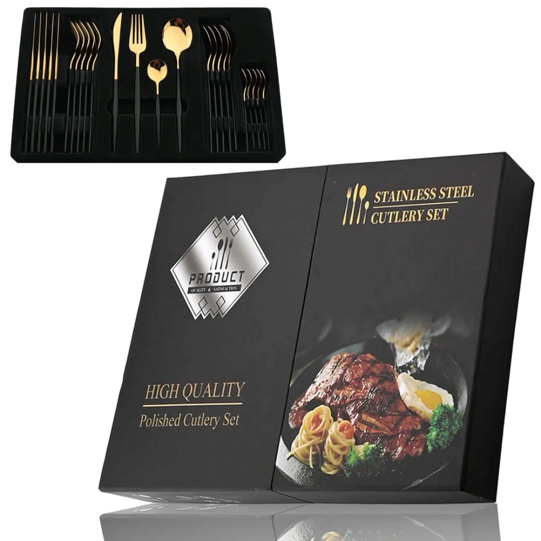 Conjunto de Talheres de Aço Inoxidável Dourado - 24 Peças Mesa Posta007 Cozinha com Estilo Dourado com Preto - Embalagem Caixa 