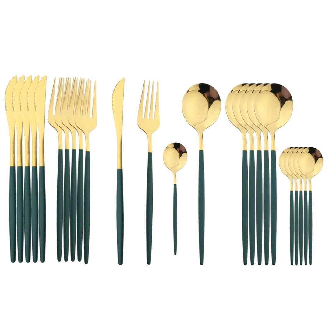 Conjunto de Talheres de Aço Inoxidável Dourado - 24 Peças Mesa Posta007 Cozinha com Estilo Dourado com Verde 