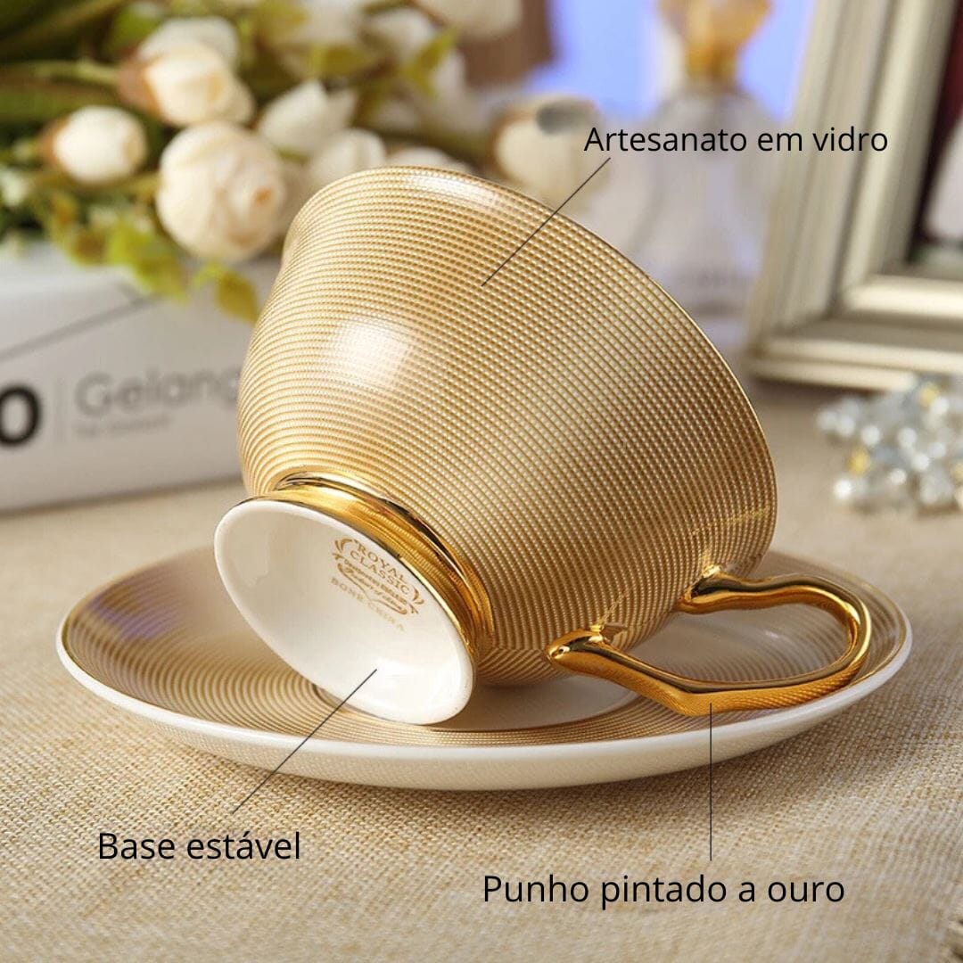 Conjunto de Xícara, Pires e Colher de Porcelana - Elegância e Luxo na sua Mesa, Amarelo Casto Linha Premium010 Cozinha com Estilo 