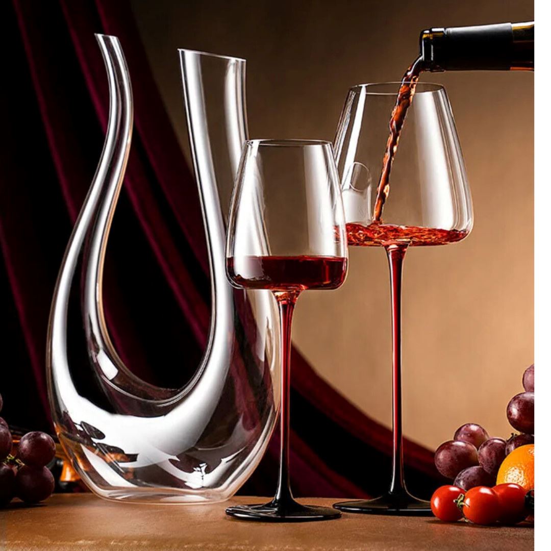 Conjunto Decanter e Taças com Hastes Vermelhas em Cristal - Degustação Sofisticada Vinho020 Cozinha com Estilo 