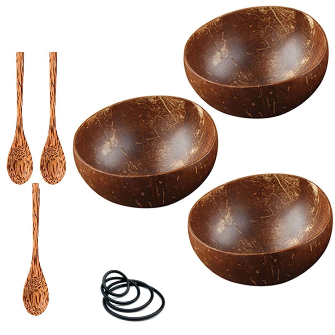 Conjunto Sustentável de Tigelas de Coco Natural - Autenticidade e Versatilidade na Cozinha Mesa Posta008 Cozinha com Estilo 3 Tigelas e 3 Colheres 