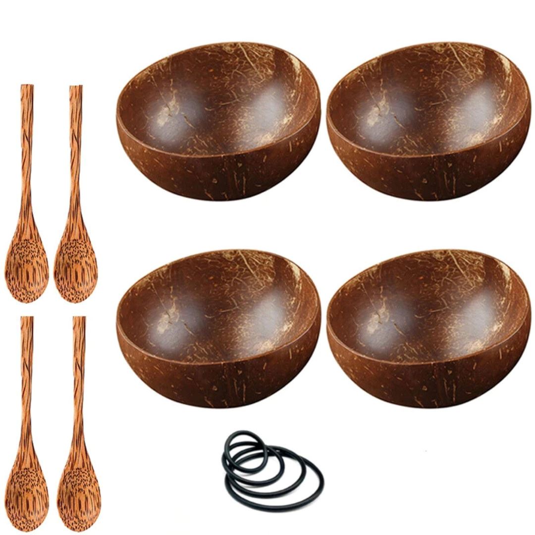 Conjunto Sustentável de Tigelas de Coco Natural - Autenticidade e Versatilidade na Cozinha Mesa Posta008 Cozinha com Estilo 4 Tigelas e 4 Colheres 