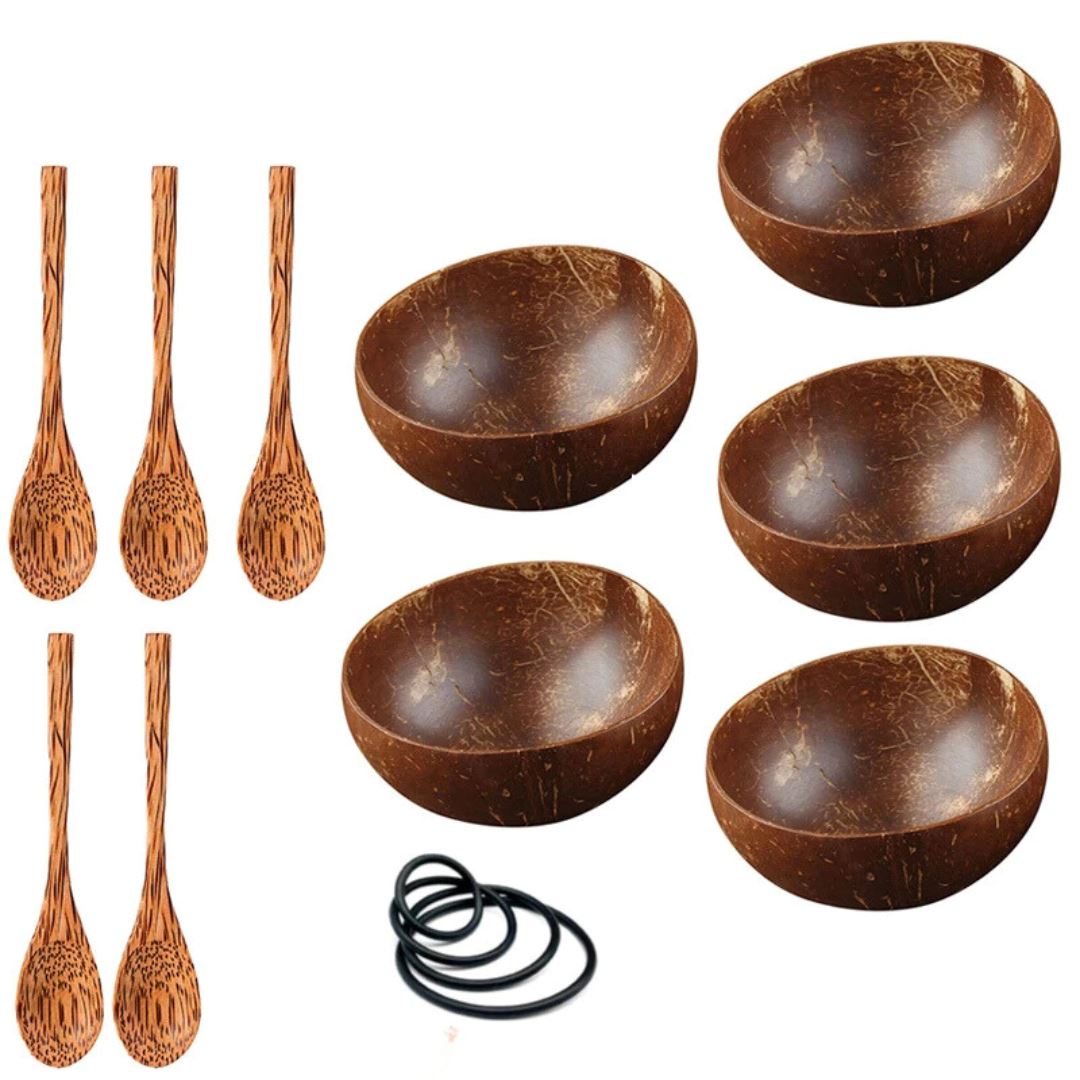 Conjunto Sustentável de Tigelas de Coco Natural - Autenticidade e Versatilidade na Cozinha Mesa Posta008 Cozinha com Estilo 5 Tigelas e 5 Colheres 