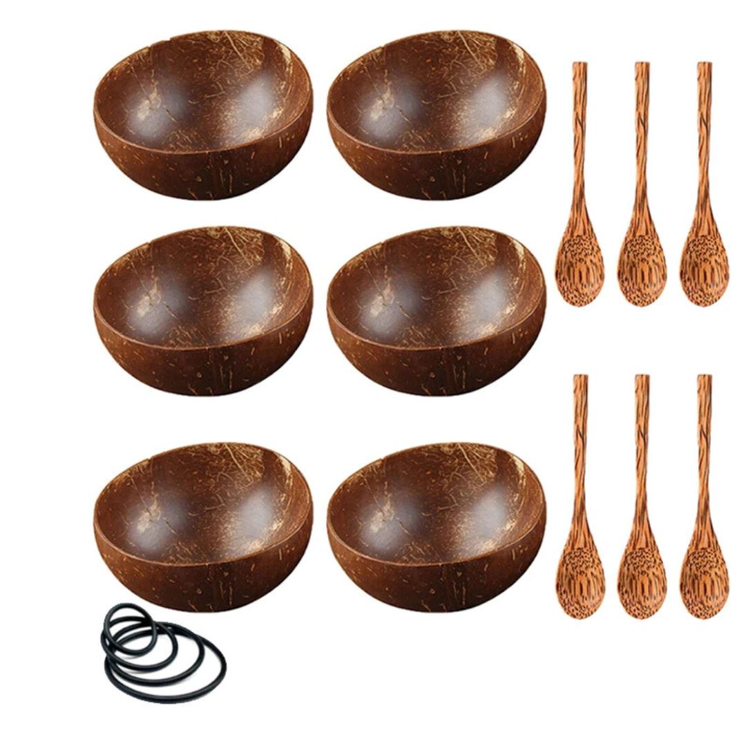 Conjunto Sustentável de Tigelas de Coco Natural - Autenticidade e Versatilidade na Cozinha Mesa Posta008 Cozinha com Estilo 6 Tigelas e 6 Colheres 