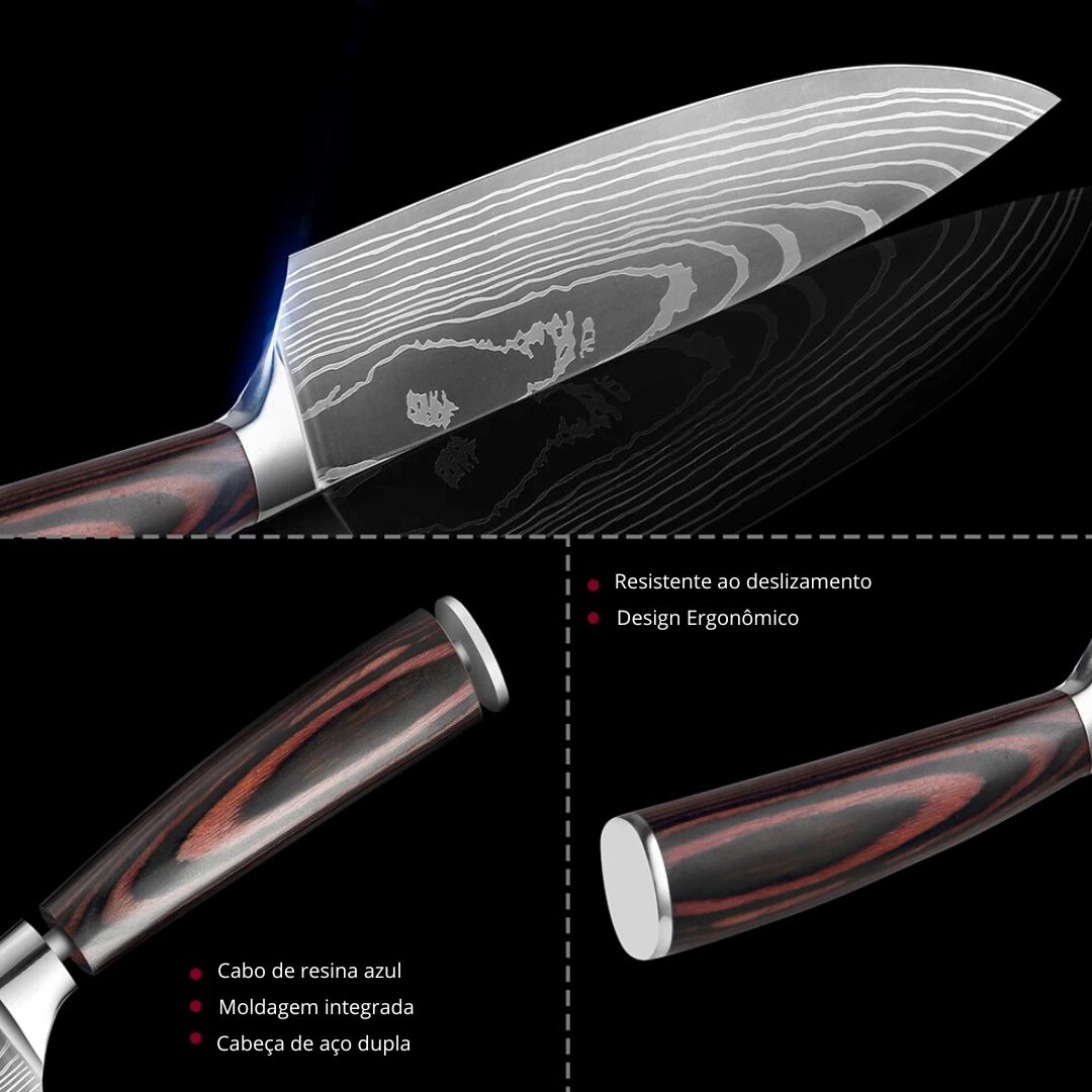 Faca Profissional e Afiador Damasco Laser - Acabamento Impecável Cozinha com Estilo 