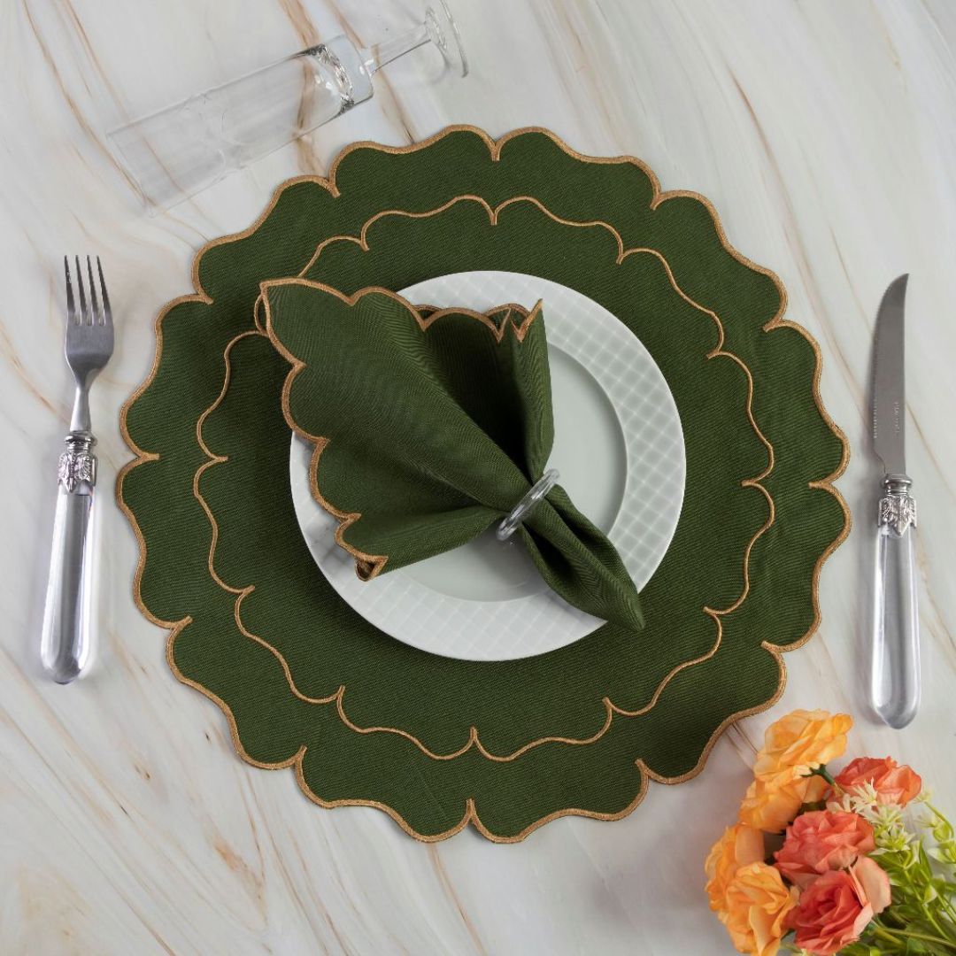 Jogo Americano com Sousplats e Guardanapos em Poliéster Mesa Posta058 Cozinha com Estilo Florata - Verde Musgo 