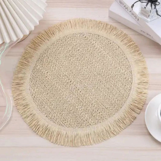 Jogo Americano Redondo de Tecelagem De Papel Mesa Posta057 Cozinha com Estilo Bege Claro 2 Peças 