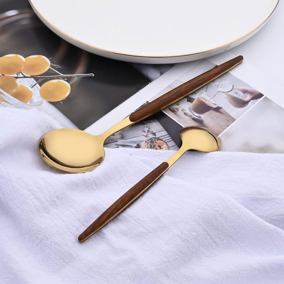 Jogo de Talheres 24 Peças Aço Inox Dourado com Alças Estilo Madeira Mesa Posta050 Cozinha com Estilo 