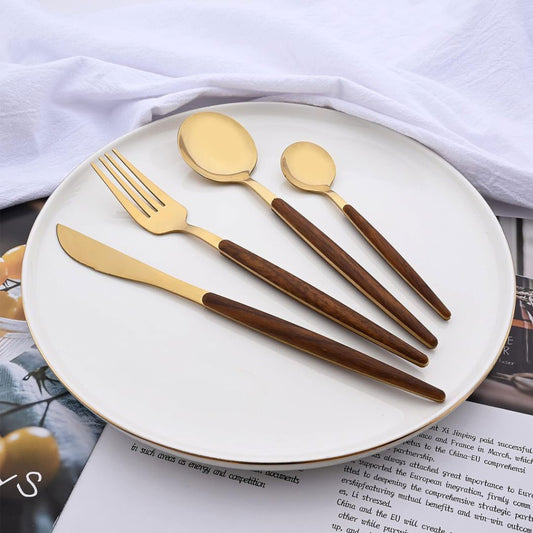 Jogo de Talheres 24 Peças Aço Inox Dourado com Alças Estilo Madeira Mesa Posta050 Cozinha com Estilo 