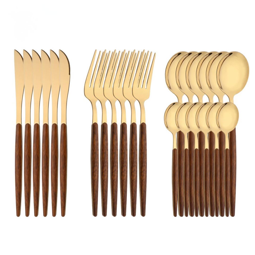 Jogo de Talheres 24 Peças Aço Inox Dourado com Alças Estilo Madeira Mesa Posta050 Cozinha com Estilo 