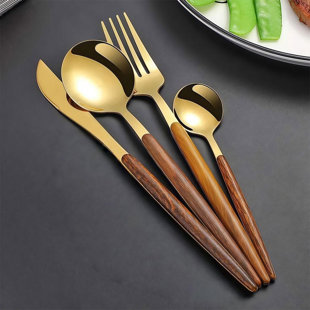 Jogo de Talheres 24 Peças Aço Inox Dourado com Alças Estilo Madeira Mesa Posta050 Cozinha com Estilo 