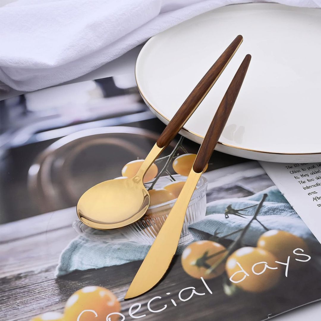 Jogo de Talheres 24 Peças Aço Inox Dourado com Alças Estilo Madeira Mesa Posta050 Cozinha com Estilo 