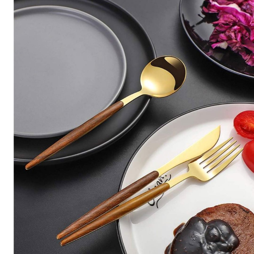Jogo de Talheres 24 Peças Aço Inox Dourado com Alças Estilo Madeira Mesa Posta050 Cozinha com Estilo 
