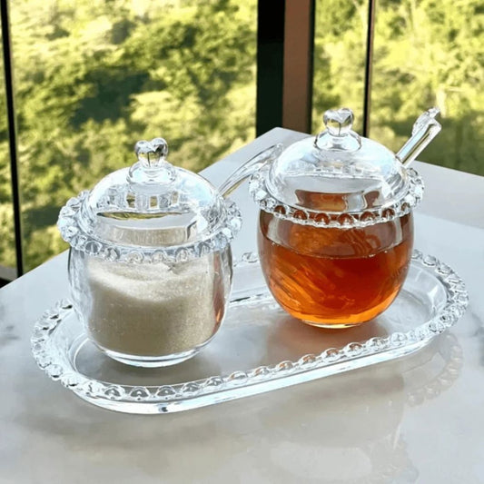 Kit Açucareiro e Meleira de Cristal com Bandeja Coração Mesa Posta 060 Cozinha com Estilo 