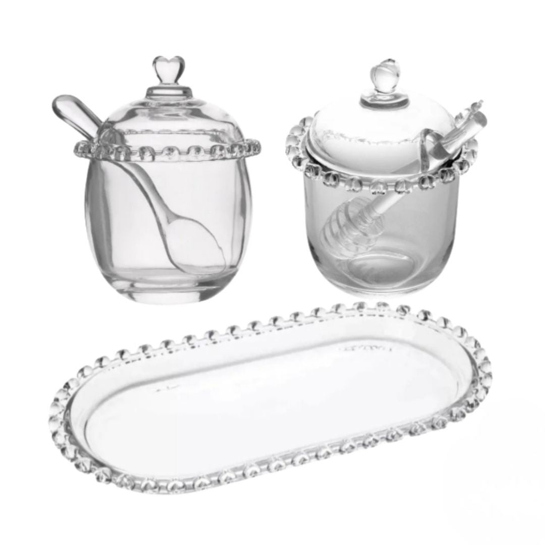 Kit Açucareiro e Meleira de Cristal com Bandeja Coração Mesa Posta 060 Cozinha com Estilo 