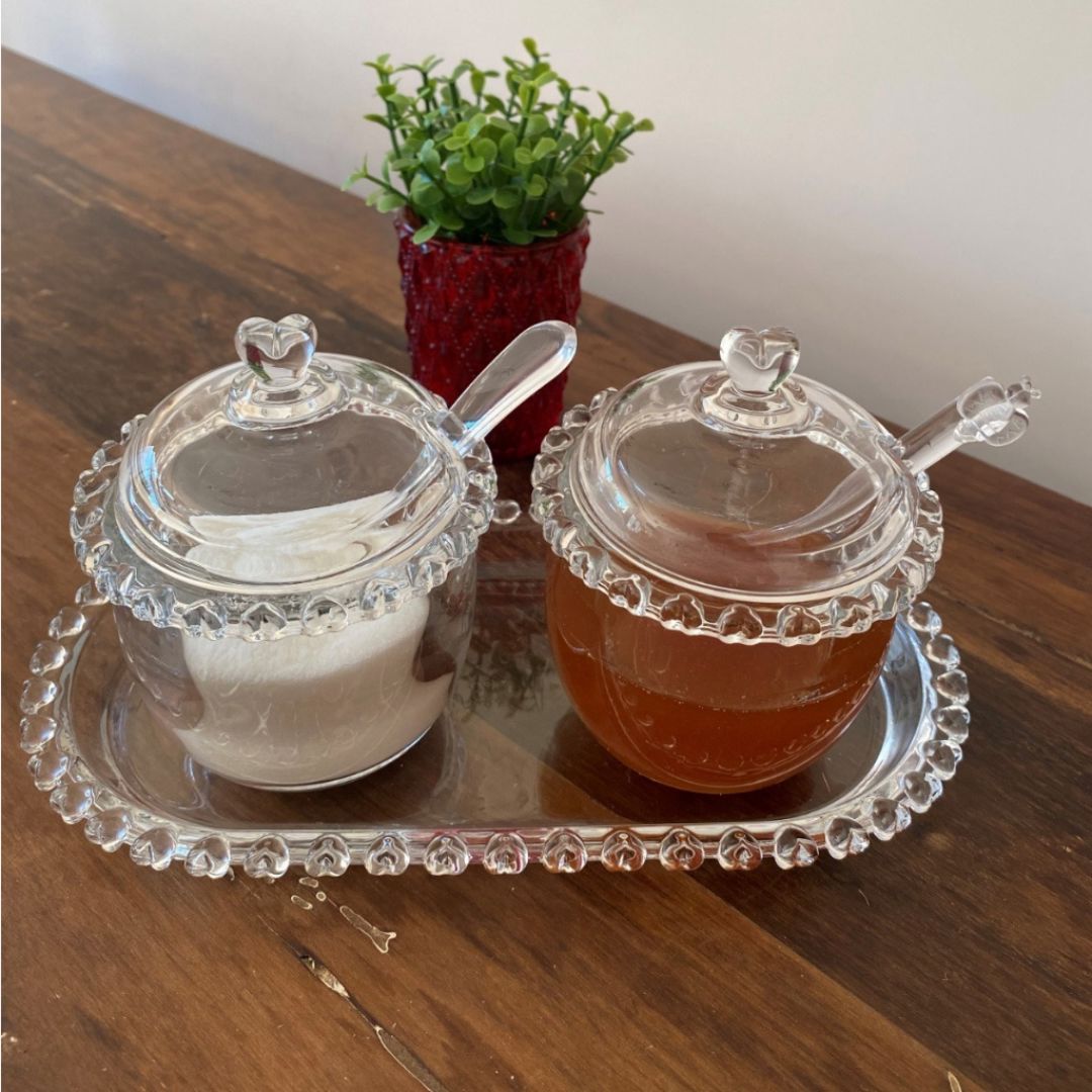 Kit Açucareiro e Meleira de Cristal com Bandeja Coração Mesa Posta 060 Cozinha com Estilo 