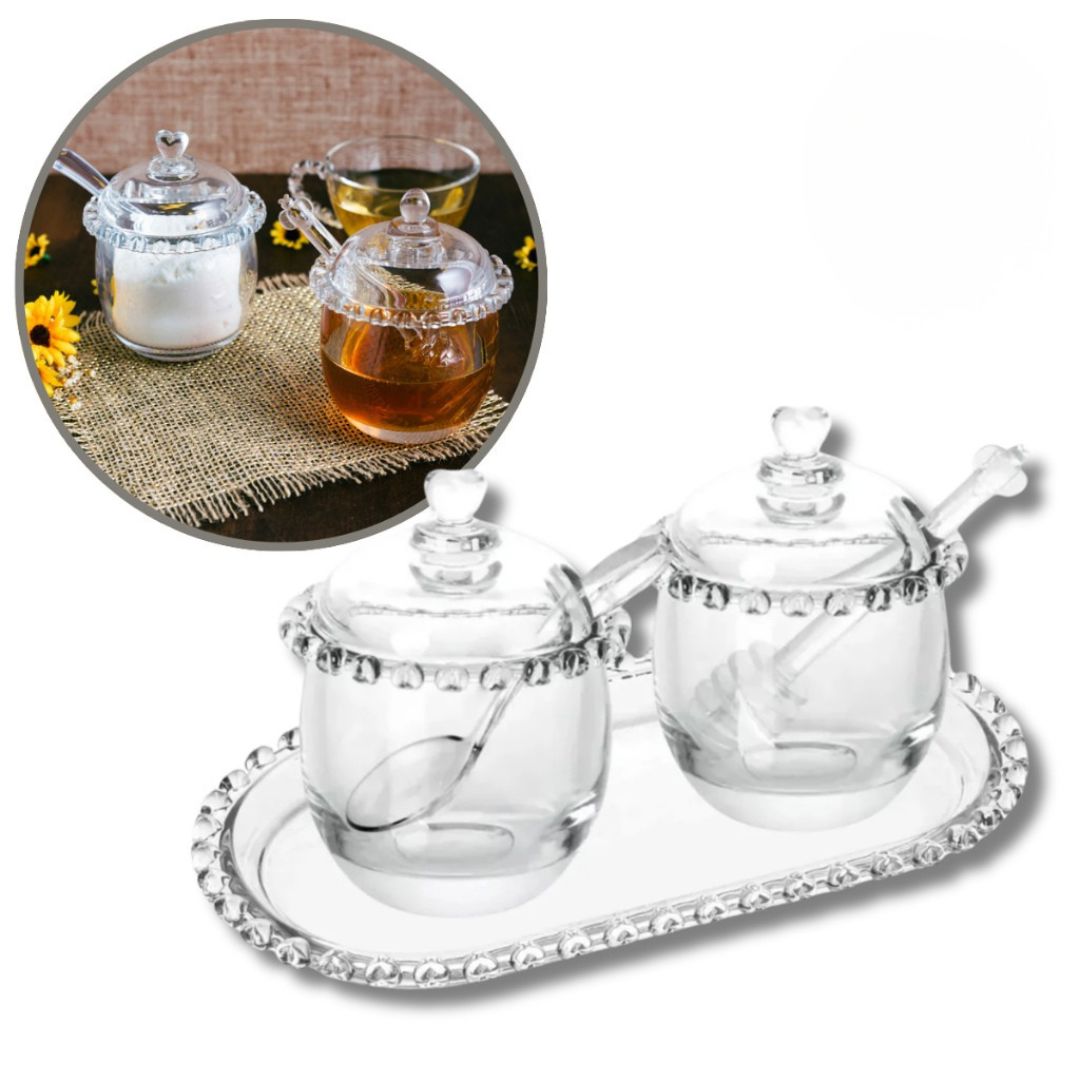 Kit Açucareiro e Meleira de Cristal com Bandeja Coração Mesa Posta 060 Cozinha com Estilo 