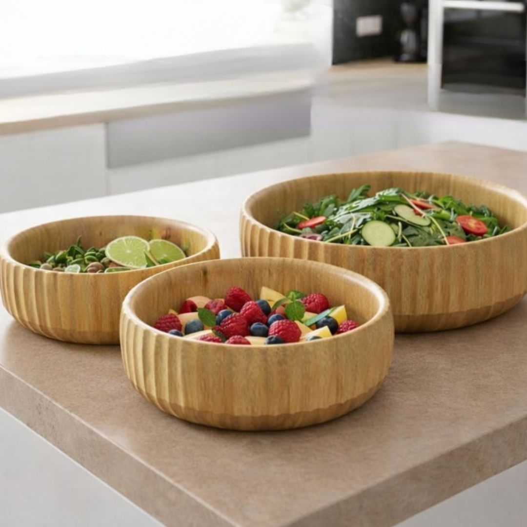 Kit Bowls Tigelas de Bambu Canelado 3 Peças Mesa Posta062 Cozinha com Estilo 