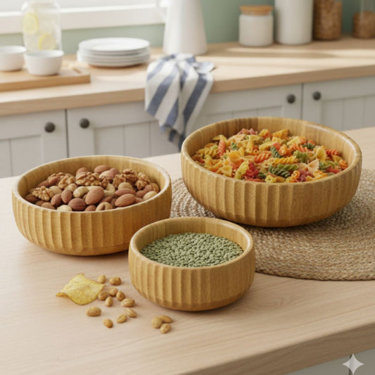 Kit Bowls Tigelas de Bambu Canelado 3 Peças Mesa Posta062 Cozinha com Estilo 