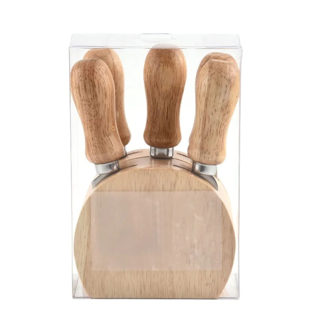 Kit de Corte para Queijo em Aço Inoxidável - Alça de Carvalho, Placa de Corte e Espátula (6 peças) Cozinha com Estilo 