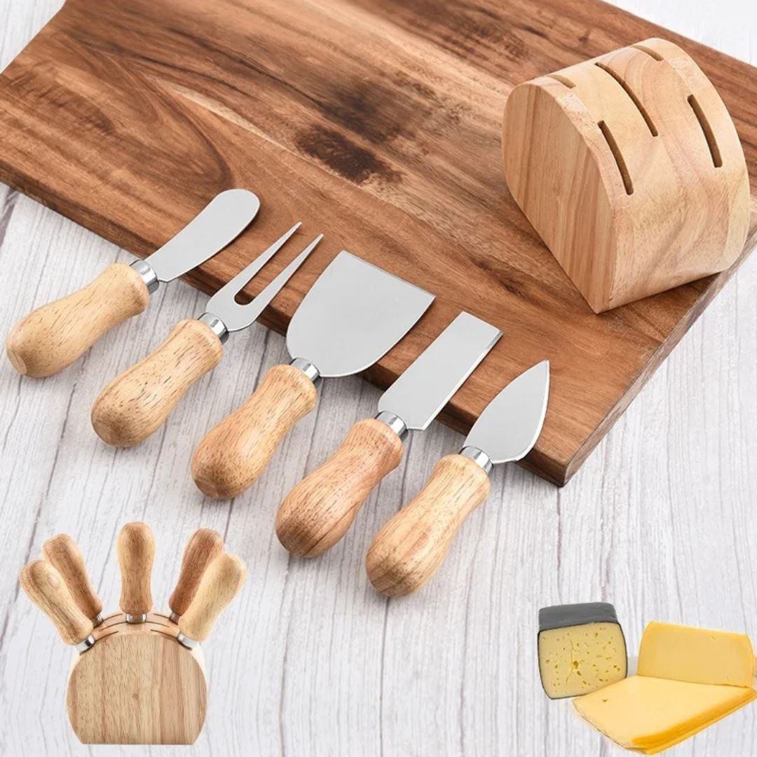 Kit de Corte para Queijo em Aço Inoxidável - Alça de Carvalho, Placa de Corte e Espátula (6 peças) Cozinha com Estilo 