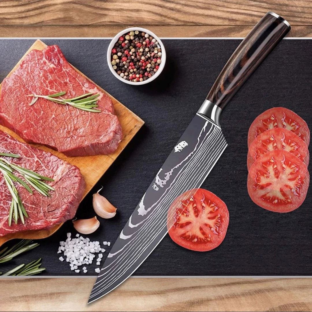 Kit de Facas Gourmet - Lâmina Laser Damasco com Cabo de Madeira para Chef Cozinha com Estilo 