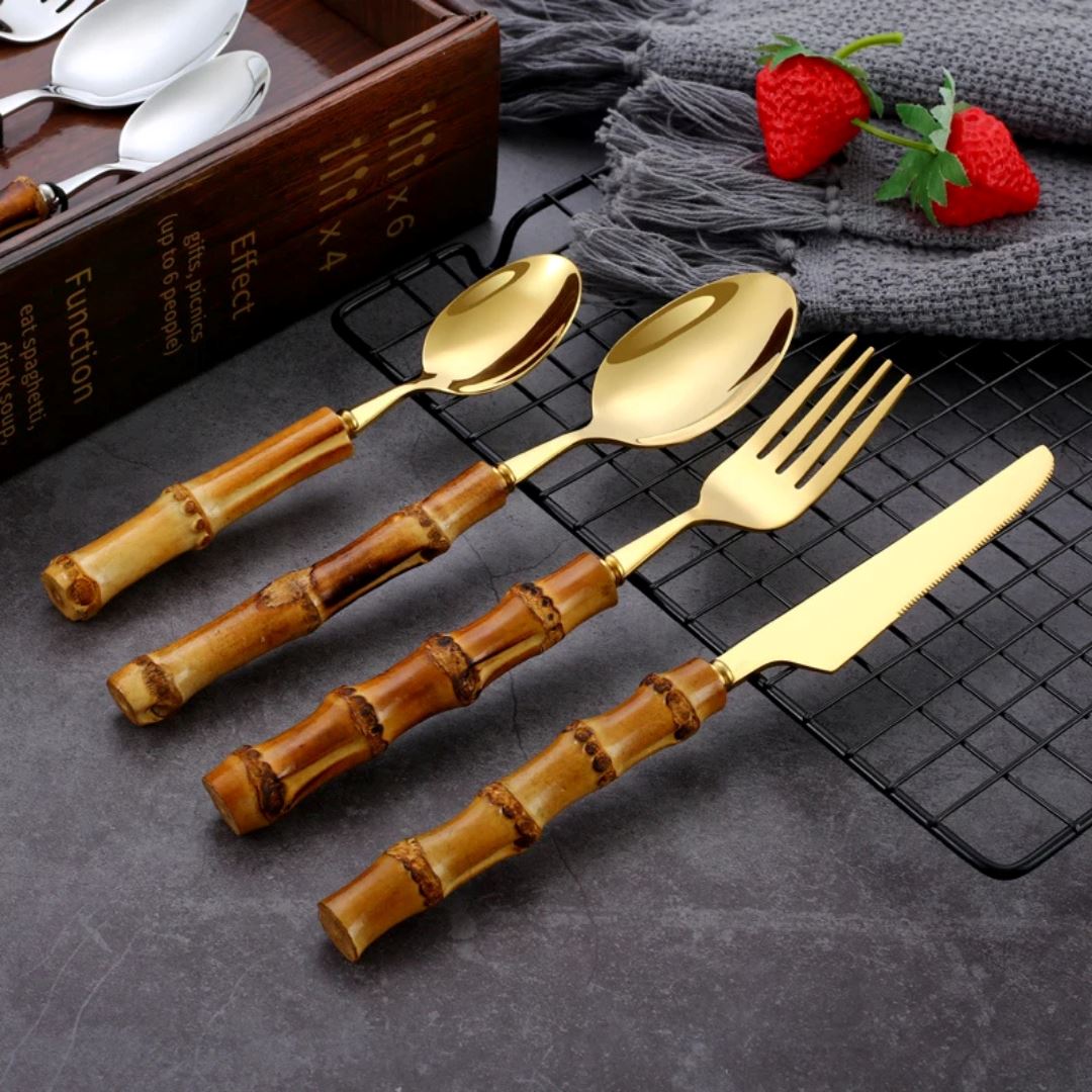 Kit de Talheres Luxo Bambu Inoxidável - Elegância para sua Mesa Bambu004 Cozinha com Estilo 