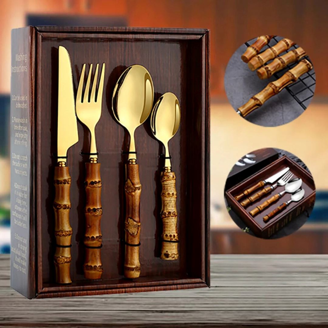 Kit de Talheres Luxo Bambu Inoxidável - Elegância para sua Mesa Bambu004 Cozinha com Estilo 