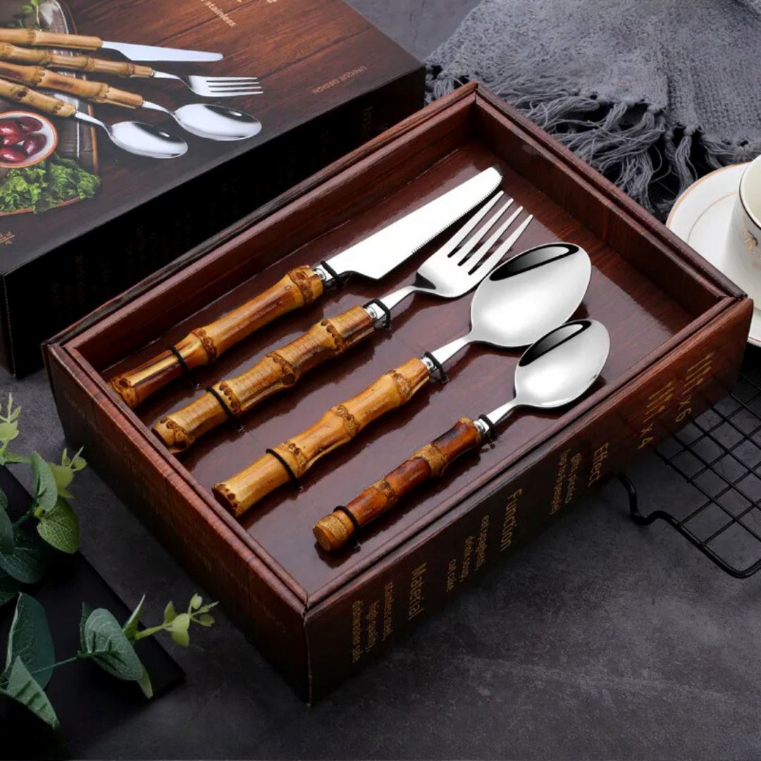 Kit de Talheres Luxo Bambu Inoxidável - Elegância para sua Mesa Bambu004 Cozinha com Estilo 