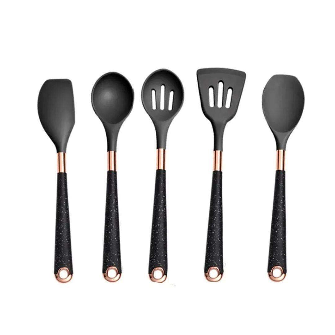 Kit de Utensílios Culinários de Silicone - 5 Peças, Resistente e Seguro para Panelas Cozinha com Estilo 