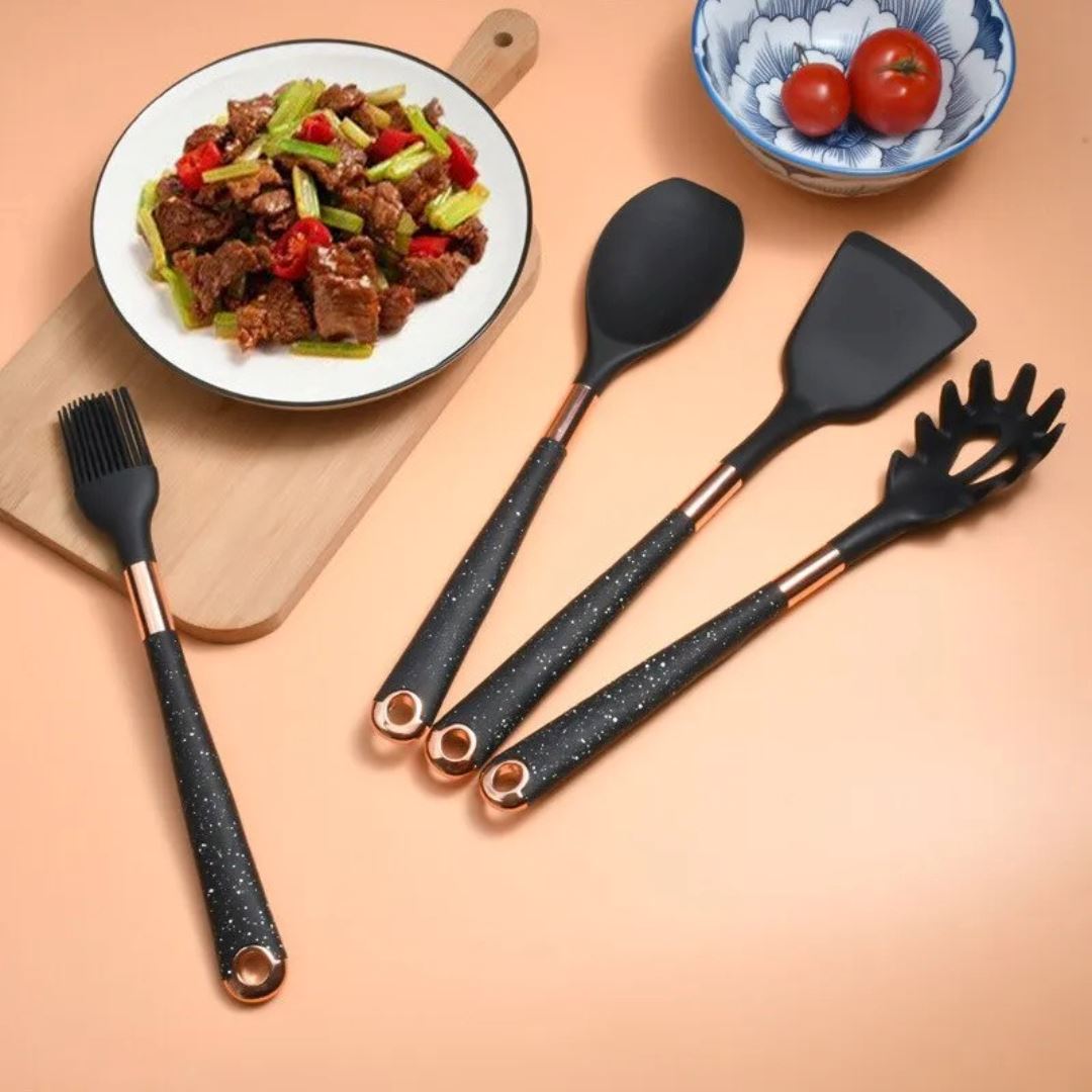 Kit de Utensílios Culinários de Silicone - 5 Peças, Resistente e Seguro para Panelas Cozinha com Estilo 