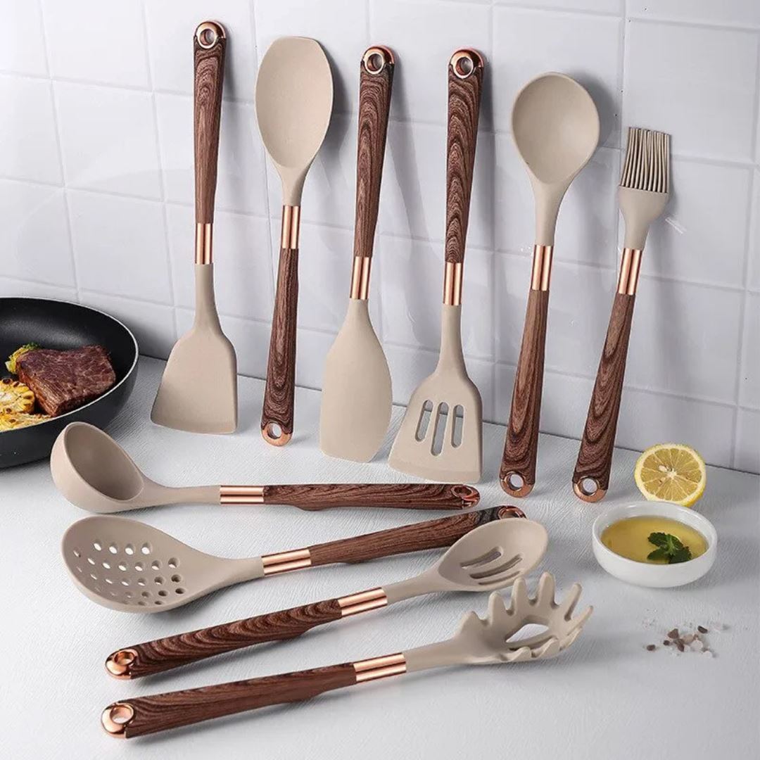 Kit de Utensílios Culinários de Silicone - 5 Peças, Resistente e Seguro para Panelas Cozinha com Estilo 