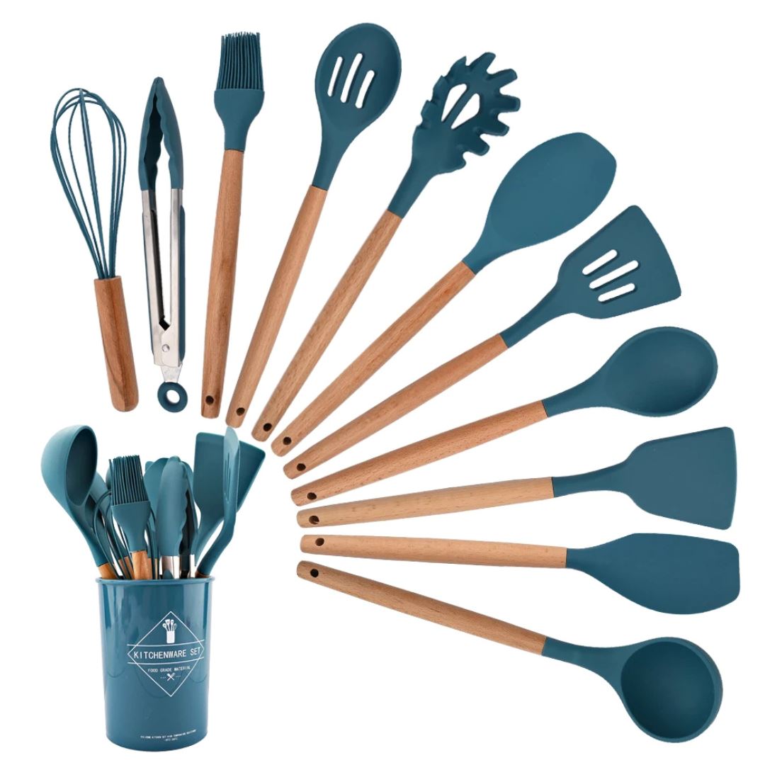 Kit de Utensílios de Cozinha em Silicone - Antiaderentes e com Caixa de Armazenamento Forno e Fogão011 Cozinha com Estilo Azul 