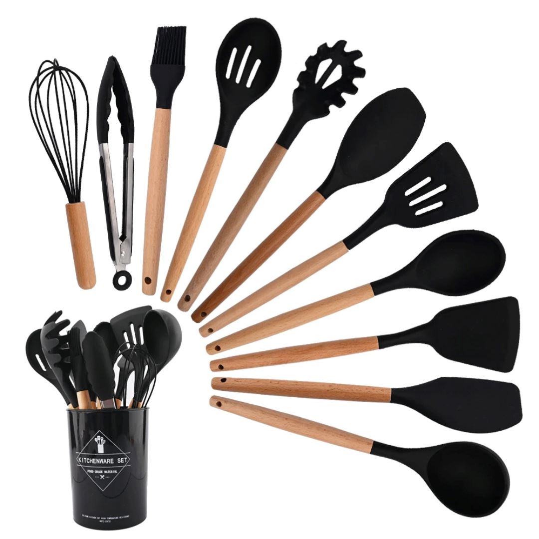 Kit de Utensílios de Cozinha em Silicone - Antiaderentes e com Caixa de Armazenamento Forno e Fogão011 Cozinha com Estilo Preto 