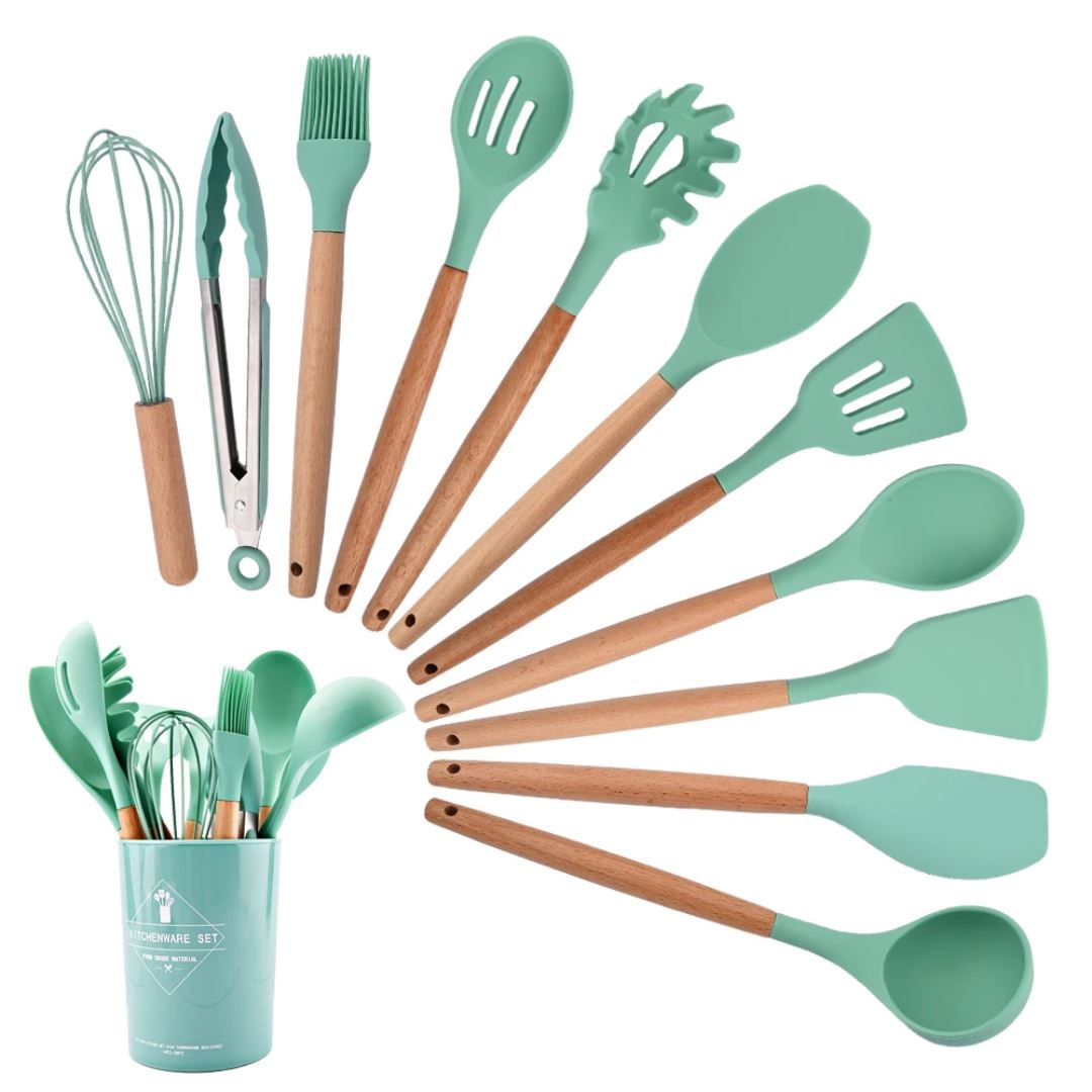 Kit de Utensílios de Cozinha em Silicone - Antiaderentes e com Caixa de Armazenamento Forno e Fogão011 Cozinha com Estilo Verde 