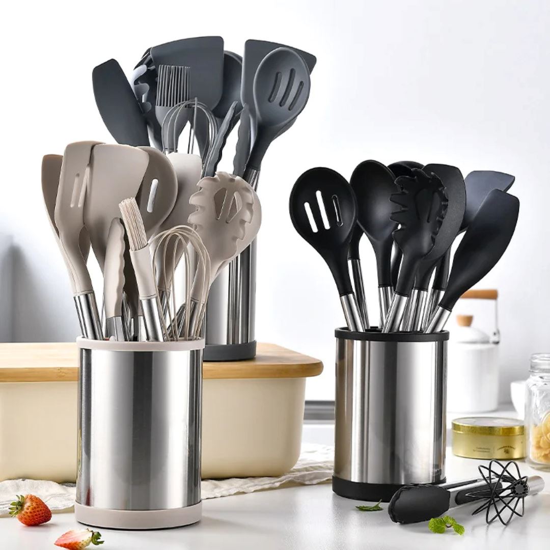 Kit de Utensílios em Silicone - 12 Peças Antiaderentes e Resistentes ao Calor Forno e Fogão010 Cozinha com Estilo 