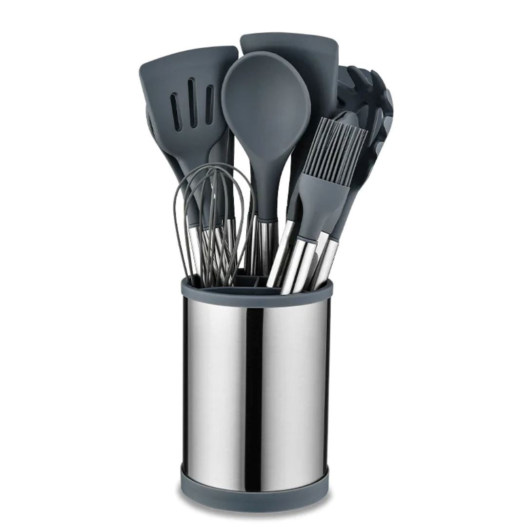 Kit de Utensílios em Silicone - 12 Peças Antiaderentes e Resistentes ao Calor Forno e Fogão010 Cozinha com Estilo Cinza 