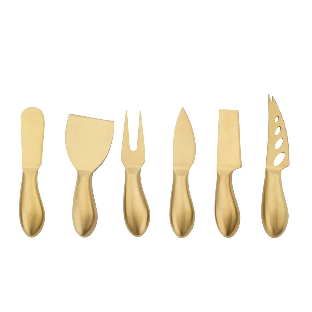 Kit para Queijos em Aço Inoxidável - Utensílios Elegantes Mesa Posta010 Cozinha com Estilo Dourado 6 Peças 