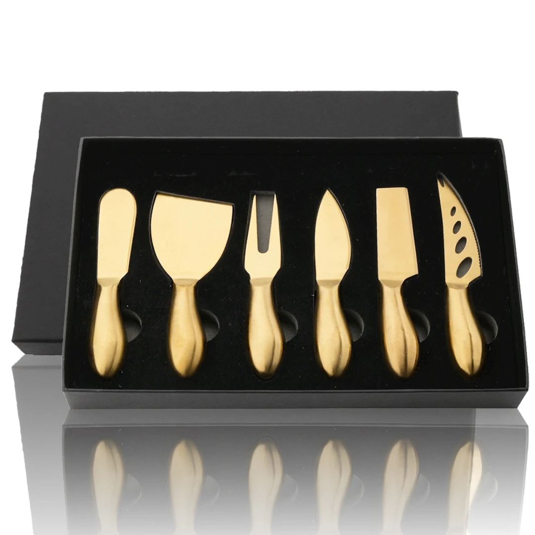 Kit para Queijos em Aço Inoxidável - Utensílios Elegantes Mesa Posta010 Cozinha com Estilo Dourado 6 Peças com Caixa 