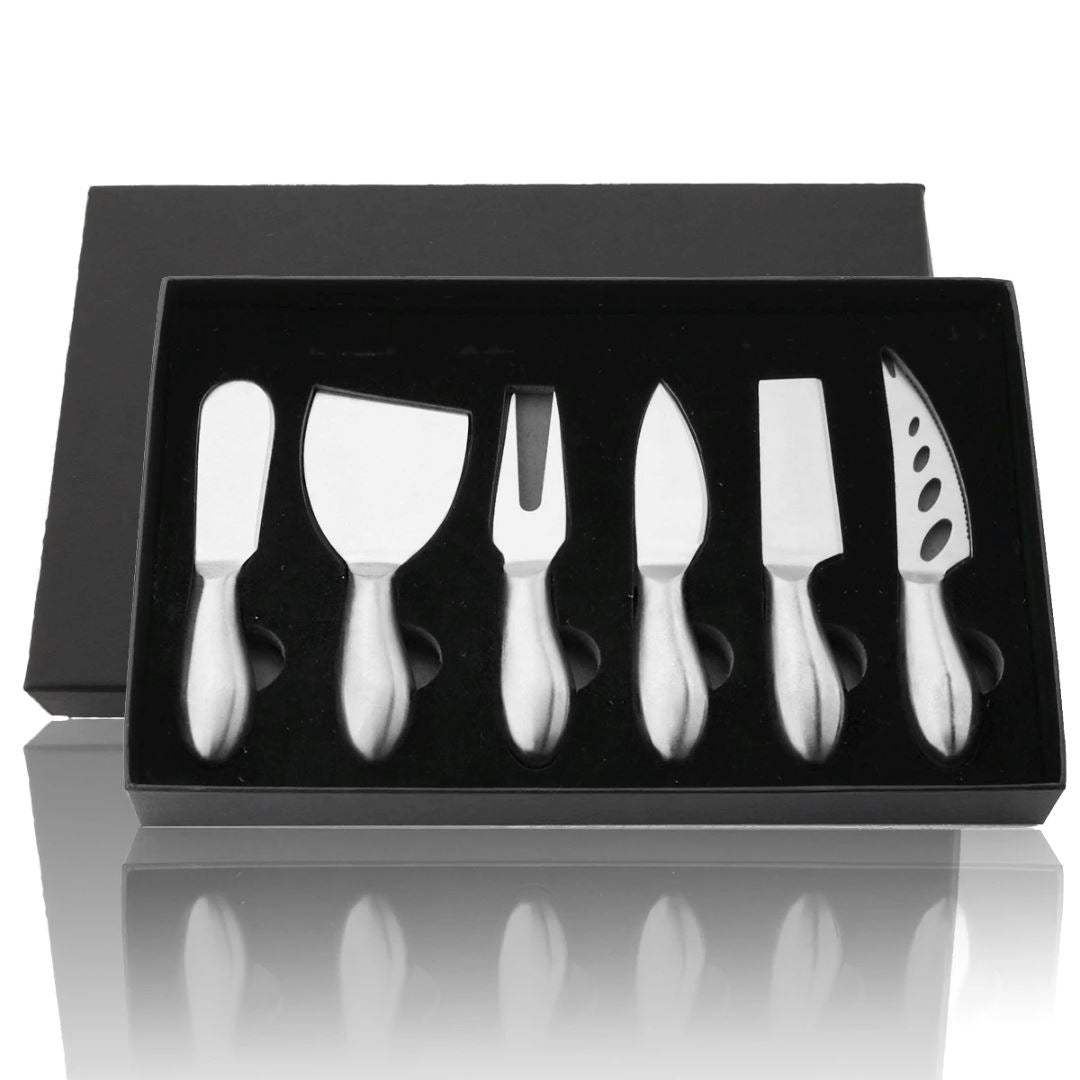 Kit para Queijos em Aço Inoxidável - Utensílios Elegantes Mesa Posta010 Cozinha com Estilo Prata 6 Peças com Caixa 